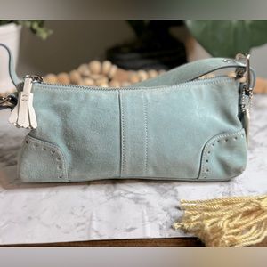 COACH Hampton Vintage Teal Suede White Leather Tassel Hobo Shoulder Bag
